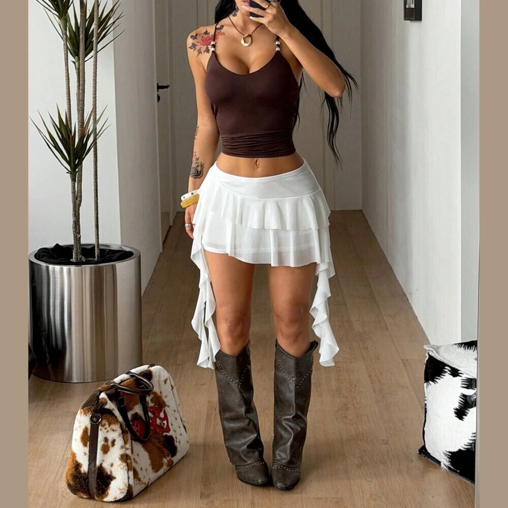 White Mesh Ruffled High-Low Mini Skirt - Picture 2 of 6